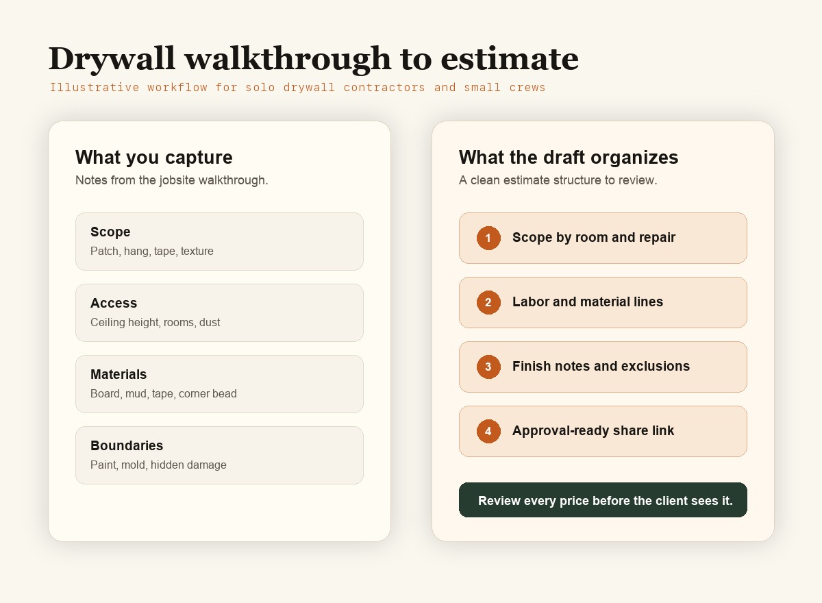 Illustrative workflow for turning a drywall walkthrough into an EstimateIn10 estimate draft.