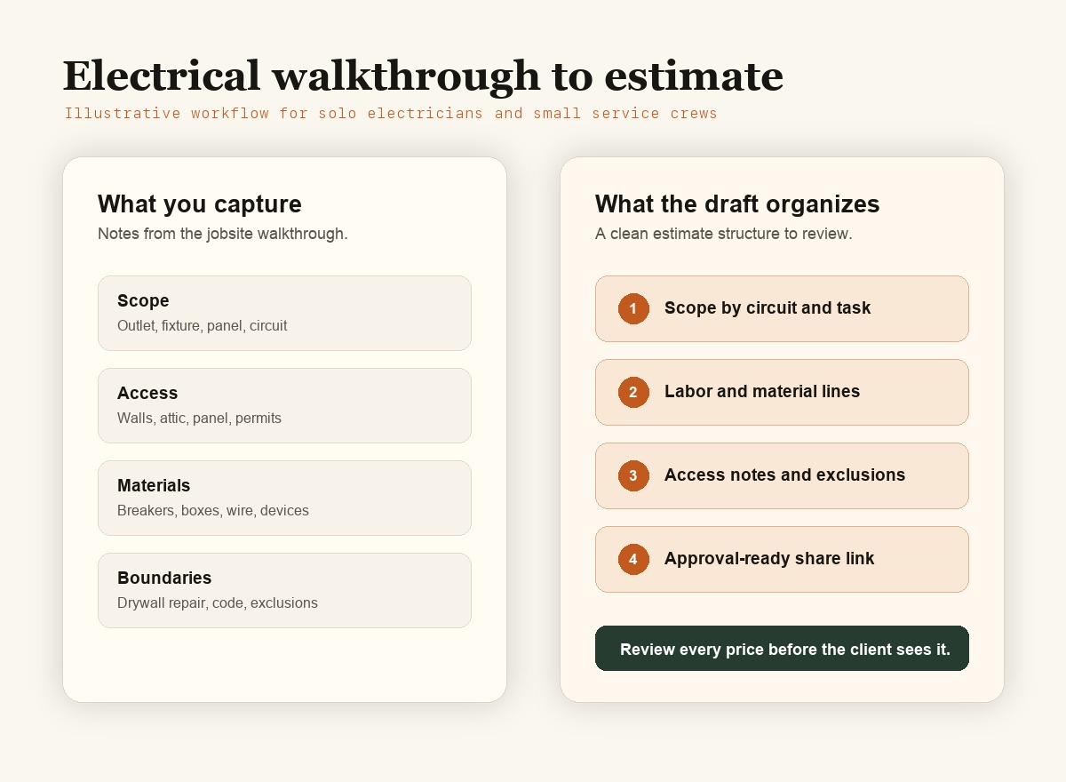 Illustrative workflow for turning an electrical walkthrough into an EstimateIn10 estimate draft.