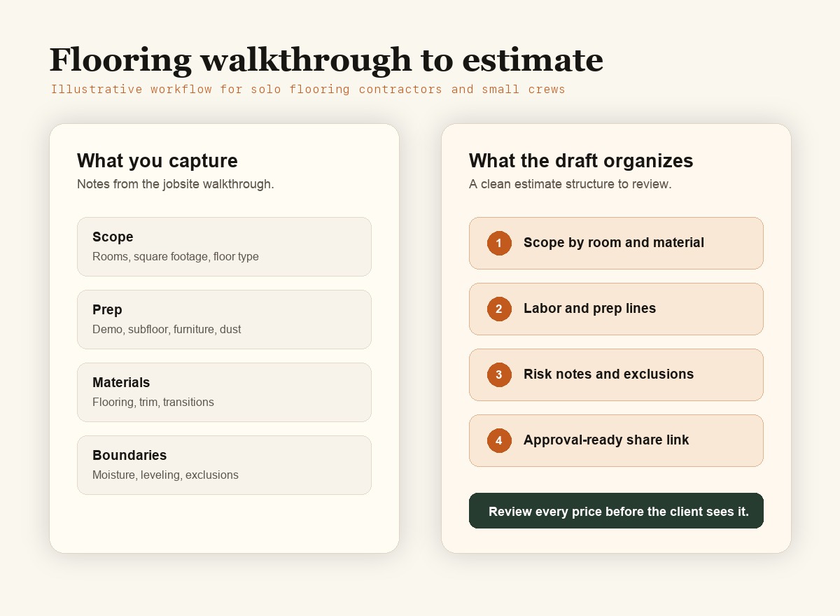 Illustrative workflow for turning a flooring walkthrough into an EstimateIn10 estimate draft.