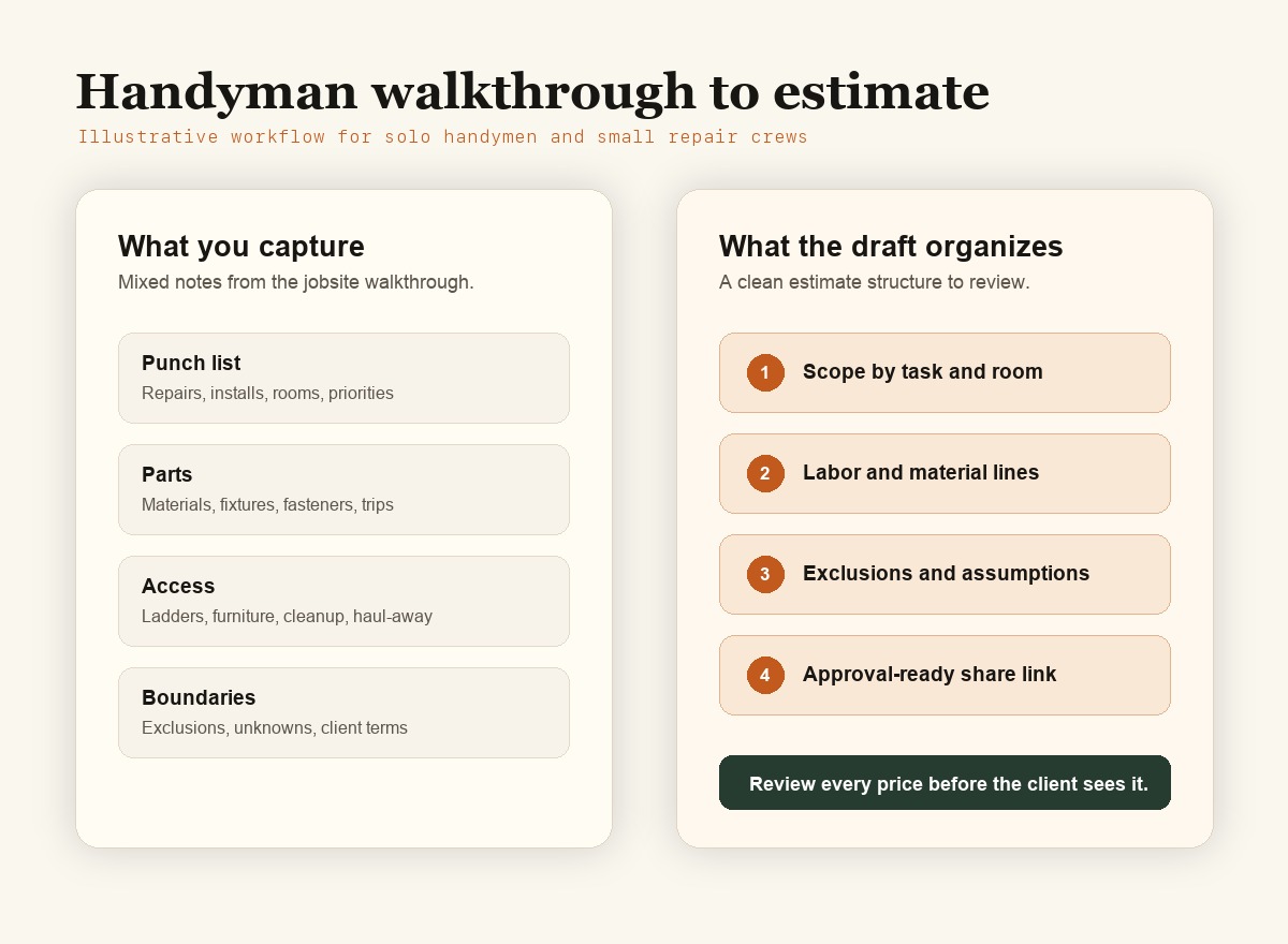Illustrative workflow for turning a handyman walkthrough into an EstimateIn10 estimate draft.