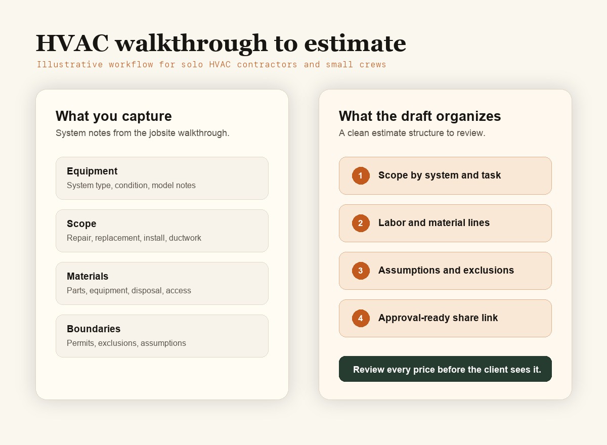 Illustrative workflow for turning an HVAC walkthrough into an EstimateIn10 estimate draft.