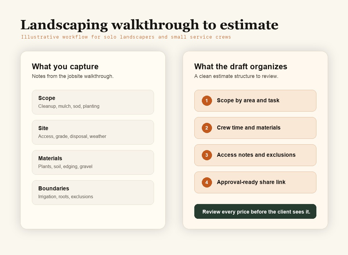 Illustrative workflow for turning a landscaping walkthrough into an EstimateIn10 estimate draft.