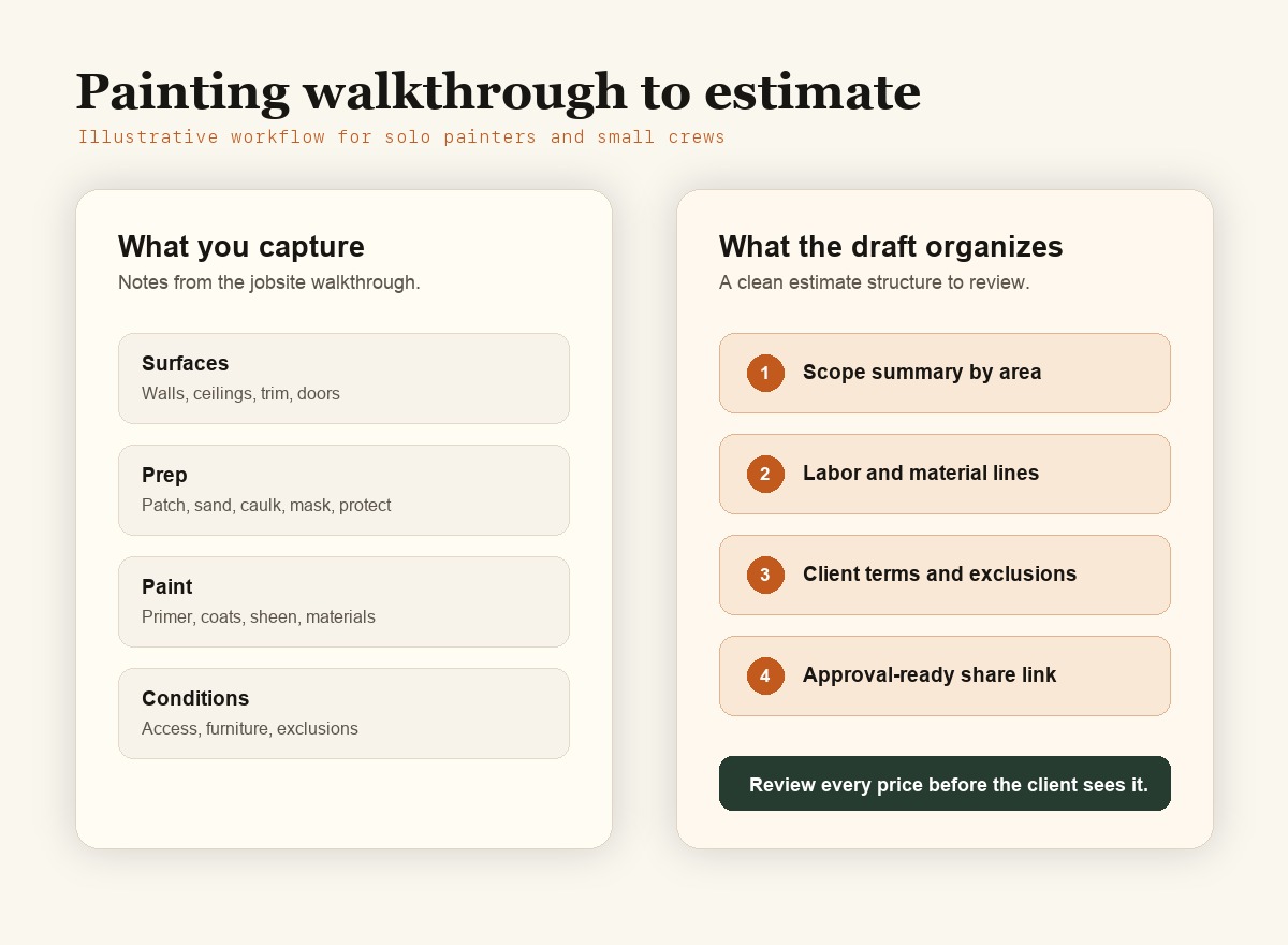 Illustrative workflow for turning a painting walkthrough into an EstimateIn10 estimate draft.