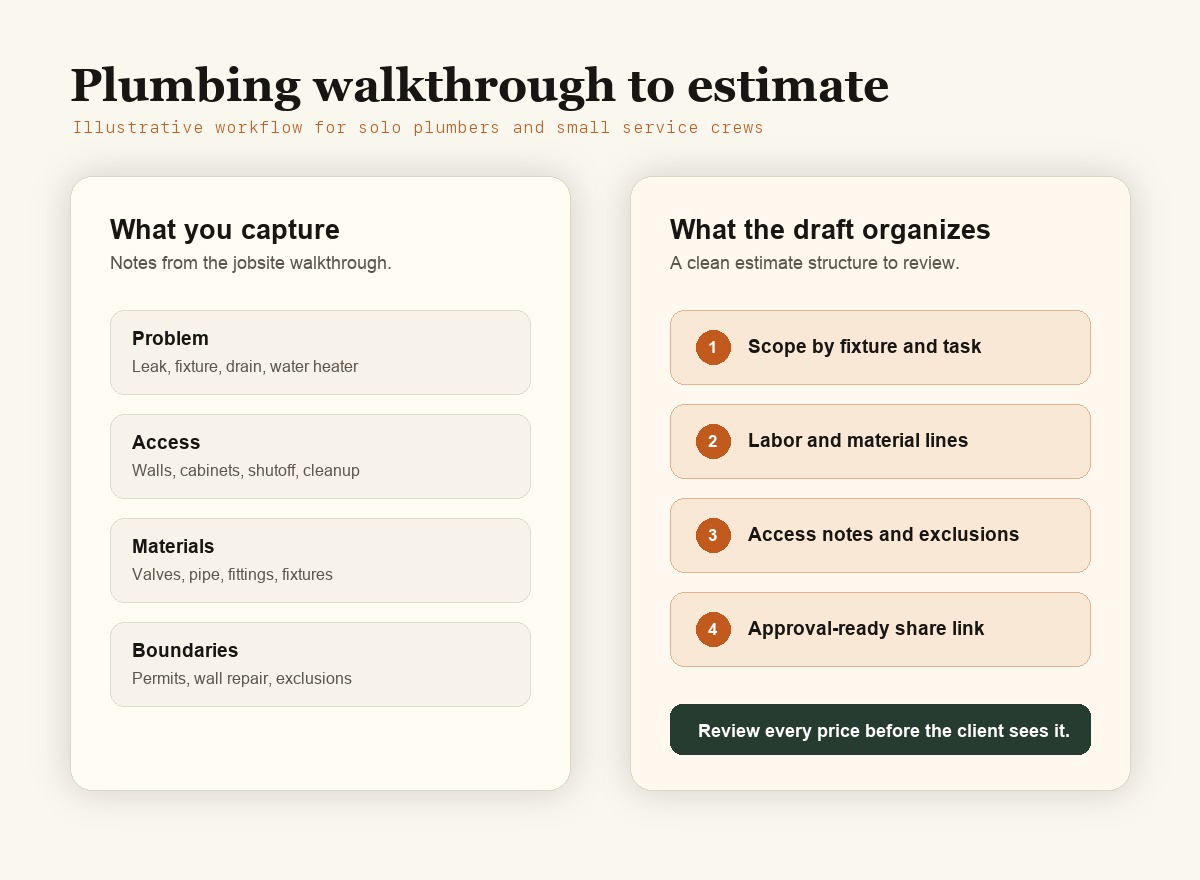 Illustrative workflow for turning a plumbing inspection into an EstimateIn10 estimate draft.