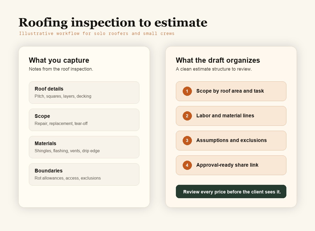 Illustrative workflow for turning a roofing inspection into an EstimateIn10 estimate draft.