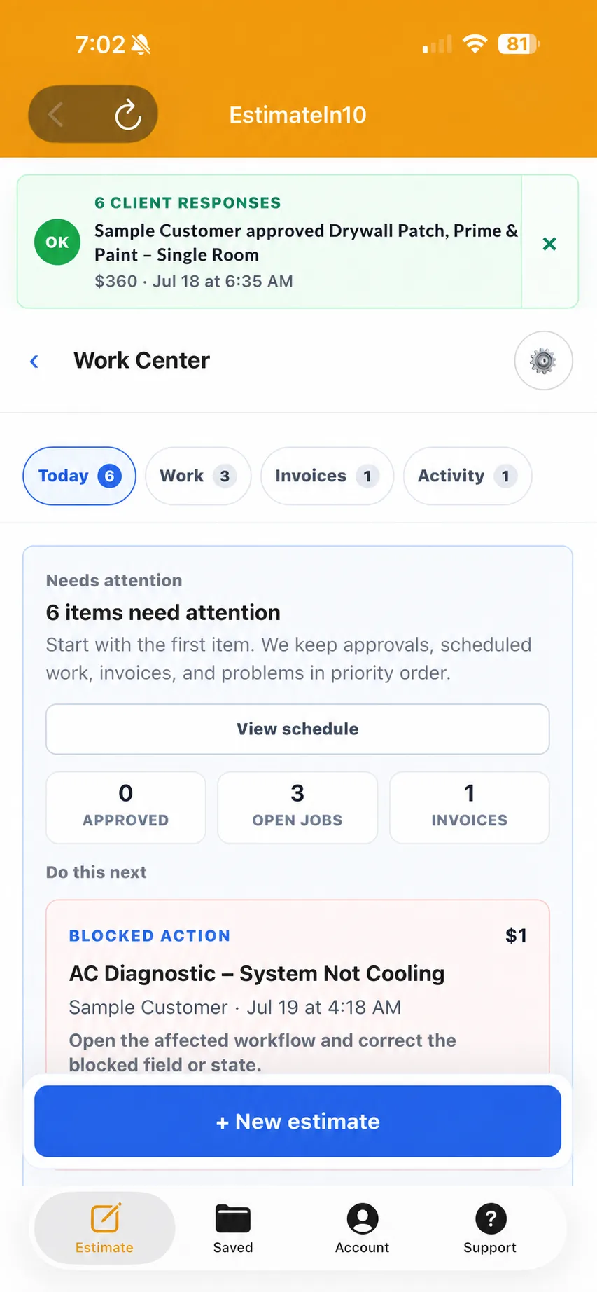 EstimateIn10 FSM Lite Work Center showing priority actions, open jobs, and invoices.