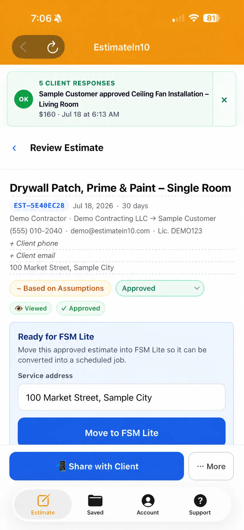 Approved contractor estimate ready to move into the EstimateIn10 FSM Lite workflow.