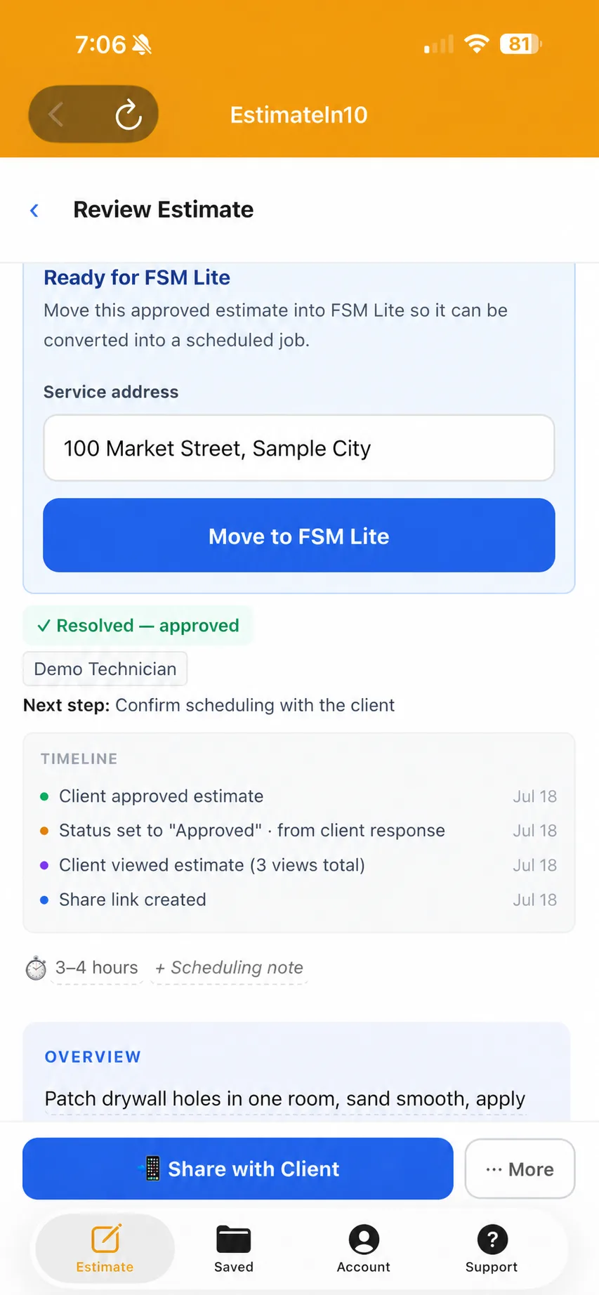 Contractor estimate approval timeline with client views, approval status, and scheduling step.