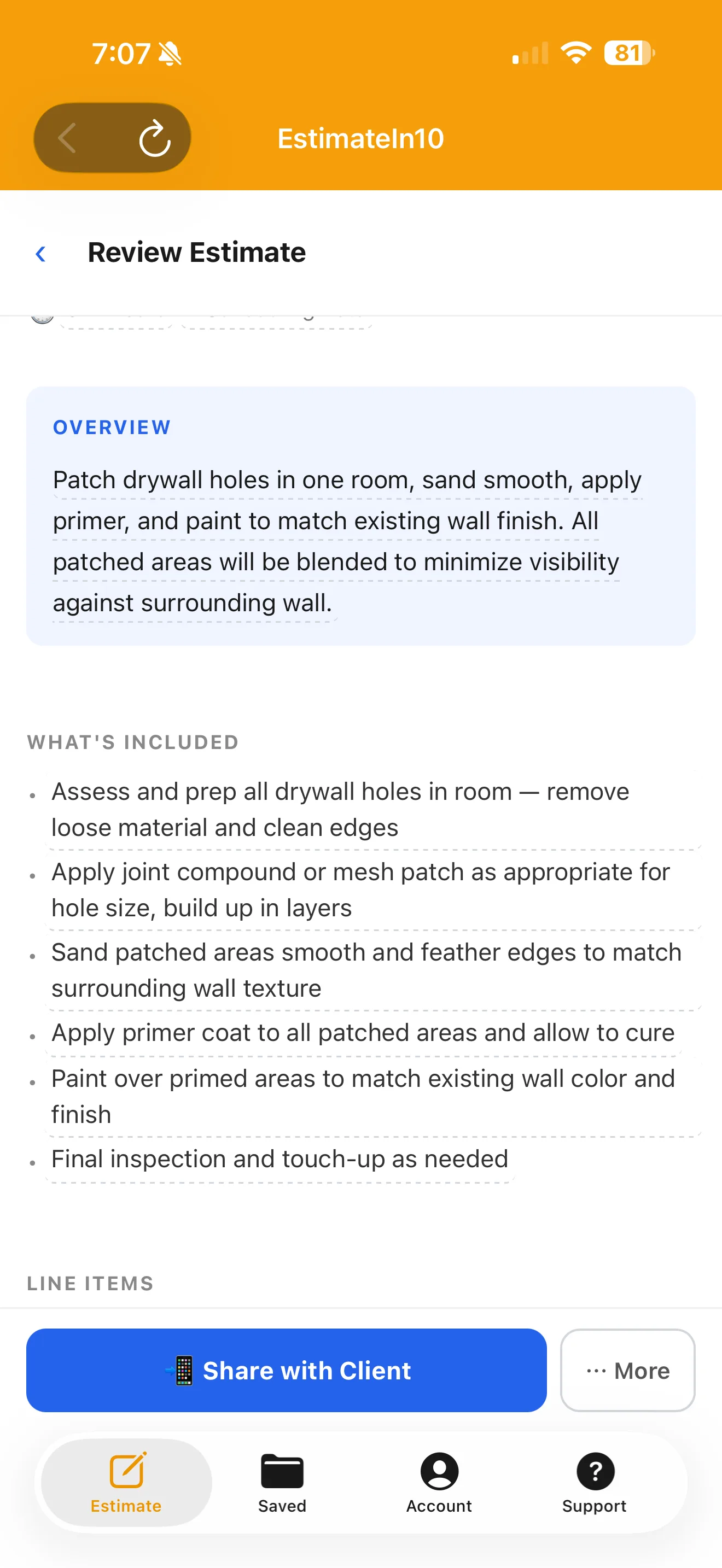 Contractor estimate showing a detailed drywall scope and included work.