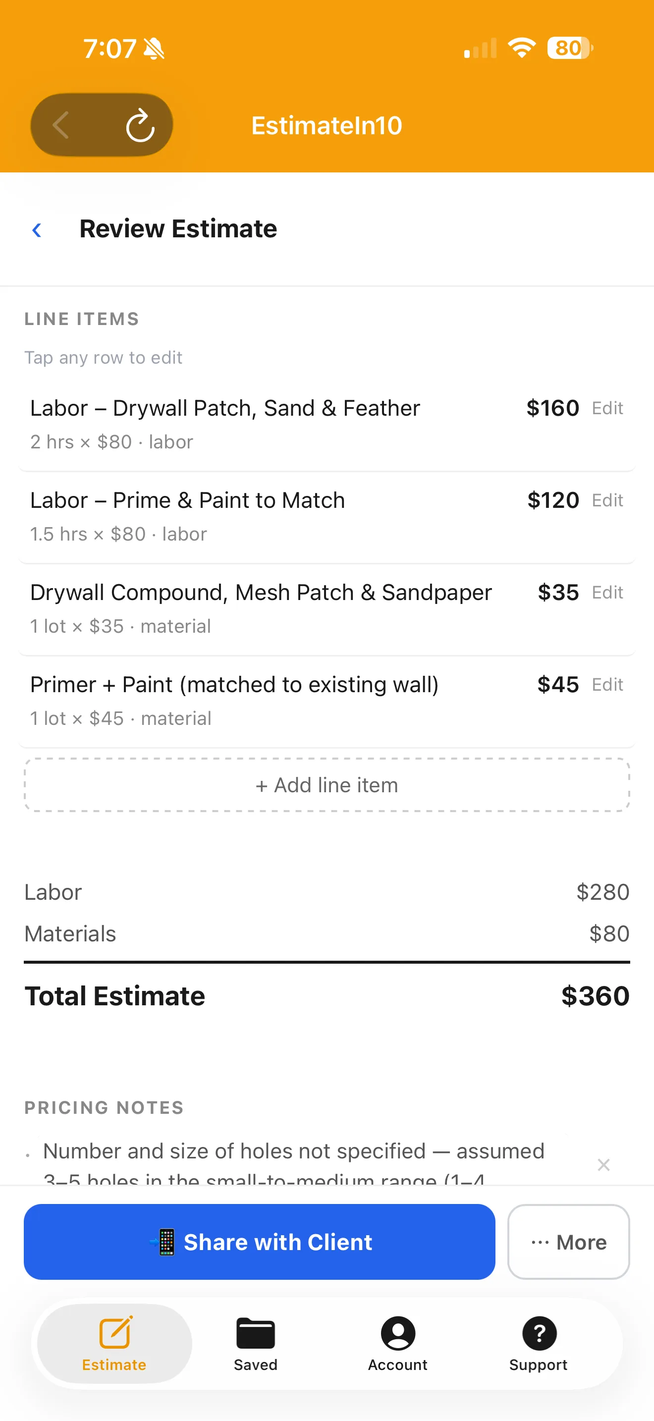 Editable contractor estimate line items for labor, materials, and total price.