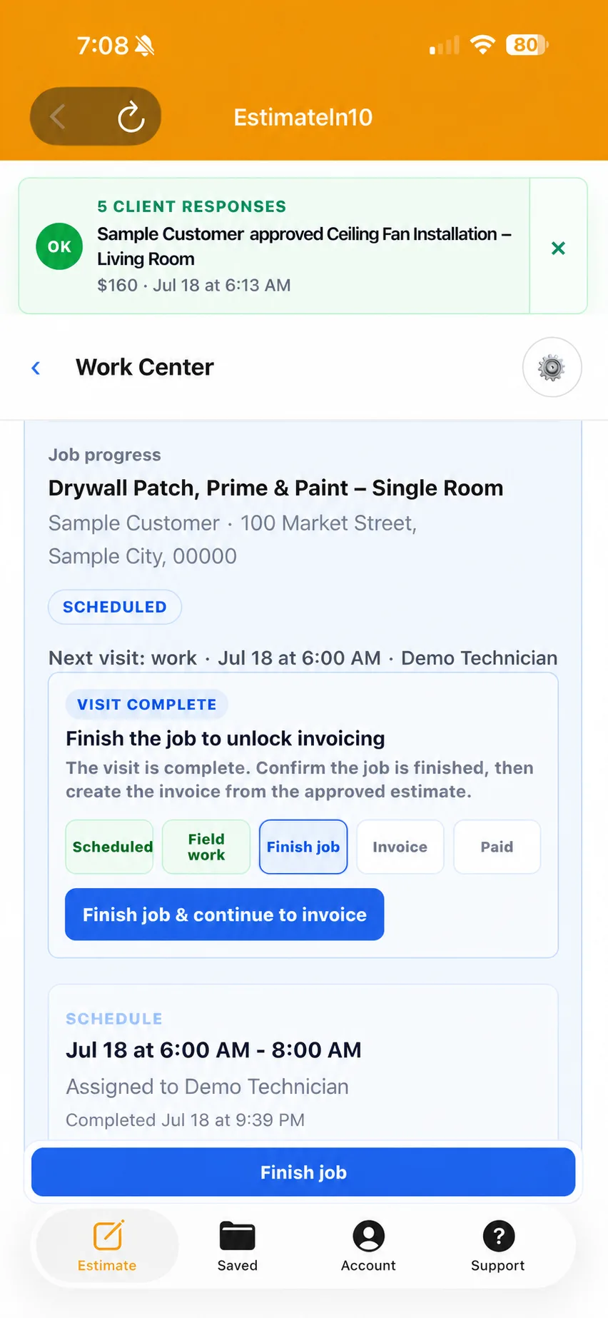 FSM Lite job workflow moving from scheduled field work to a contractor invoice.