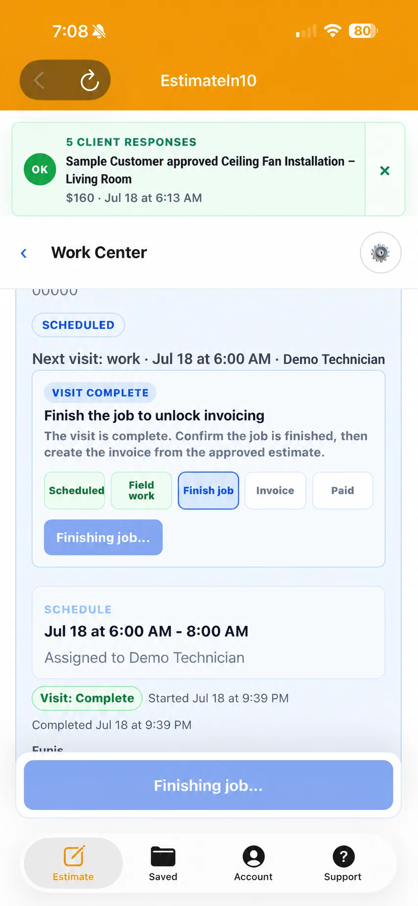 Field service job completion progress with scheduled, field work, invoice, and paid stages.