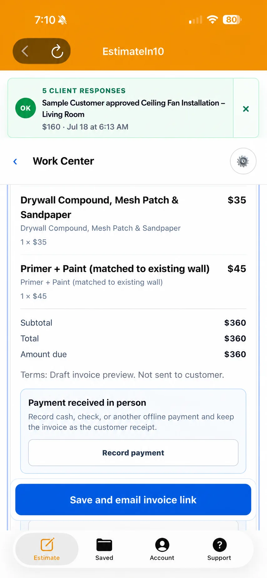 Contractor invoice review with an option to record an in-person cash or check payment.