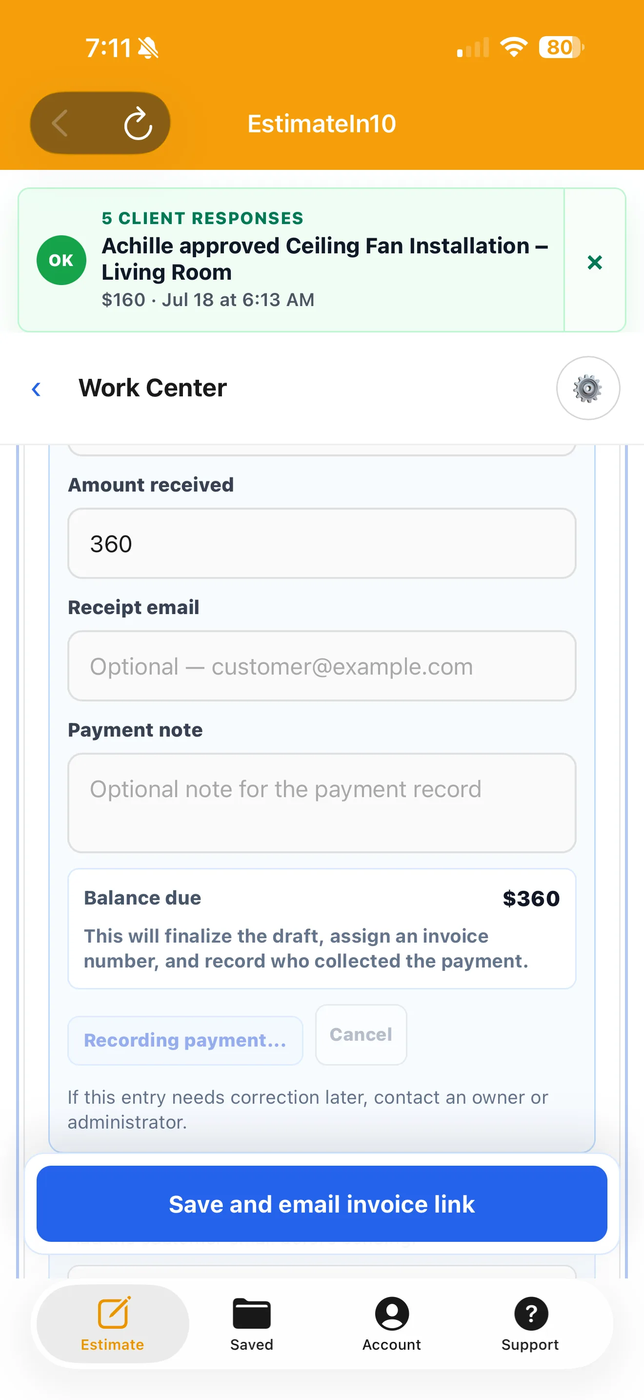 In-person contractor payment form with amount, receipt email, and payment note fields.