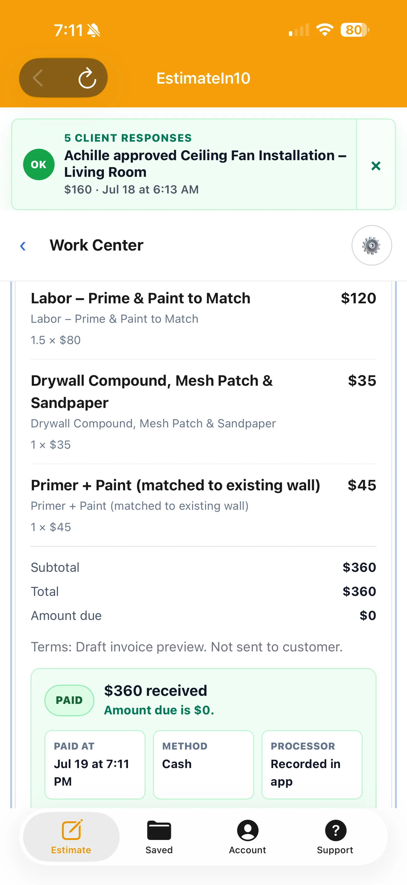 Paid contractor invoice showing a zero balance after an in-person cash payment.